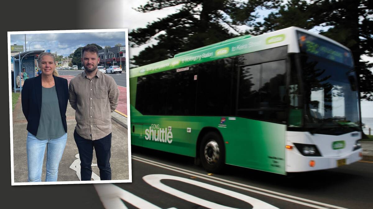 Greens Lord Mayoral candidate Jess Whittaker and Ward Two hopeful Kit Docker want to see the Gong Shuttle extended to the southern suburbs. Inset pictures by Glen Humphries